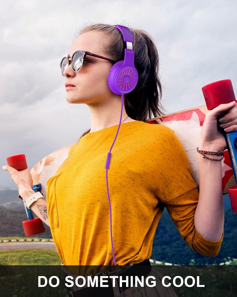 ELECDER i45 Headphones Wired, On-Ear Headphones with Microphone, Foldable Stereo Bass, 1.5M No-Tangle Cord, Portable 3.5MM Headset for School Kids Teens Smartphones Computer PC Tablet Travel, Purple - Image 2